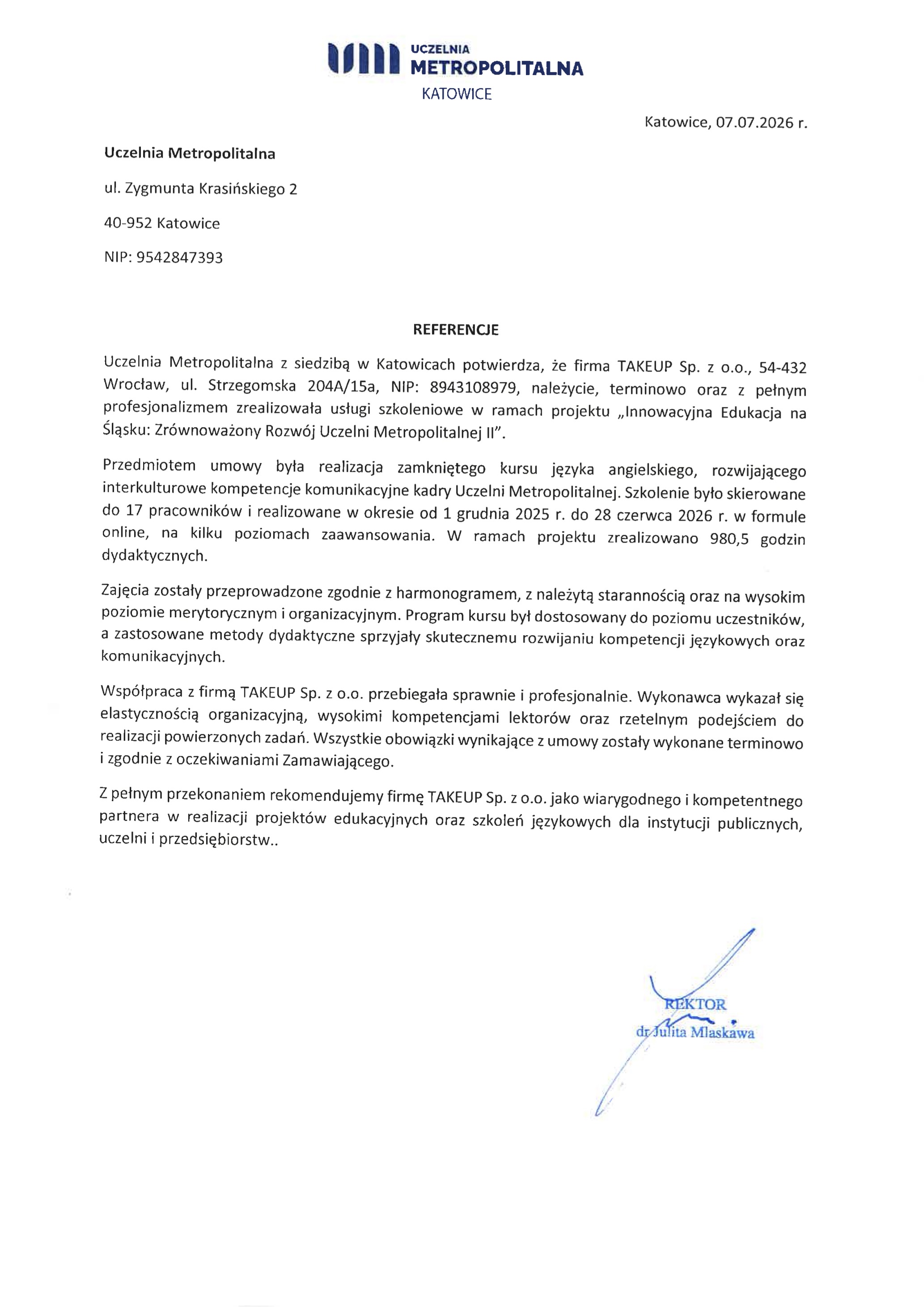 Referencje Uczelnia Metropolitalna Katowice